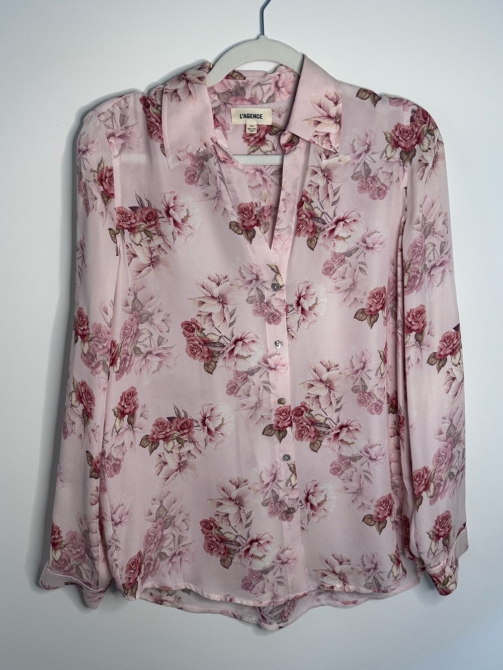 L'AGENCE Blush Pink Floral Silk-Blend Button Down Shirt